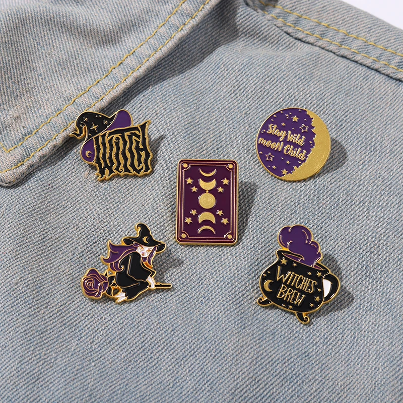 Wholesale Witch Series Enamel Pin Purple Dark Hat Medicine Stove Magic Card Broom Brooch Halloween Punk Jewelry Gift for Friend