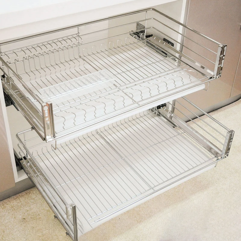 

Корзины для хранения в шкафу, простые стеллажи для хранения посуды, двухслойные стеллажи для тарелок, выдвижные корзины для хранения из нержавеющей стали