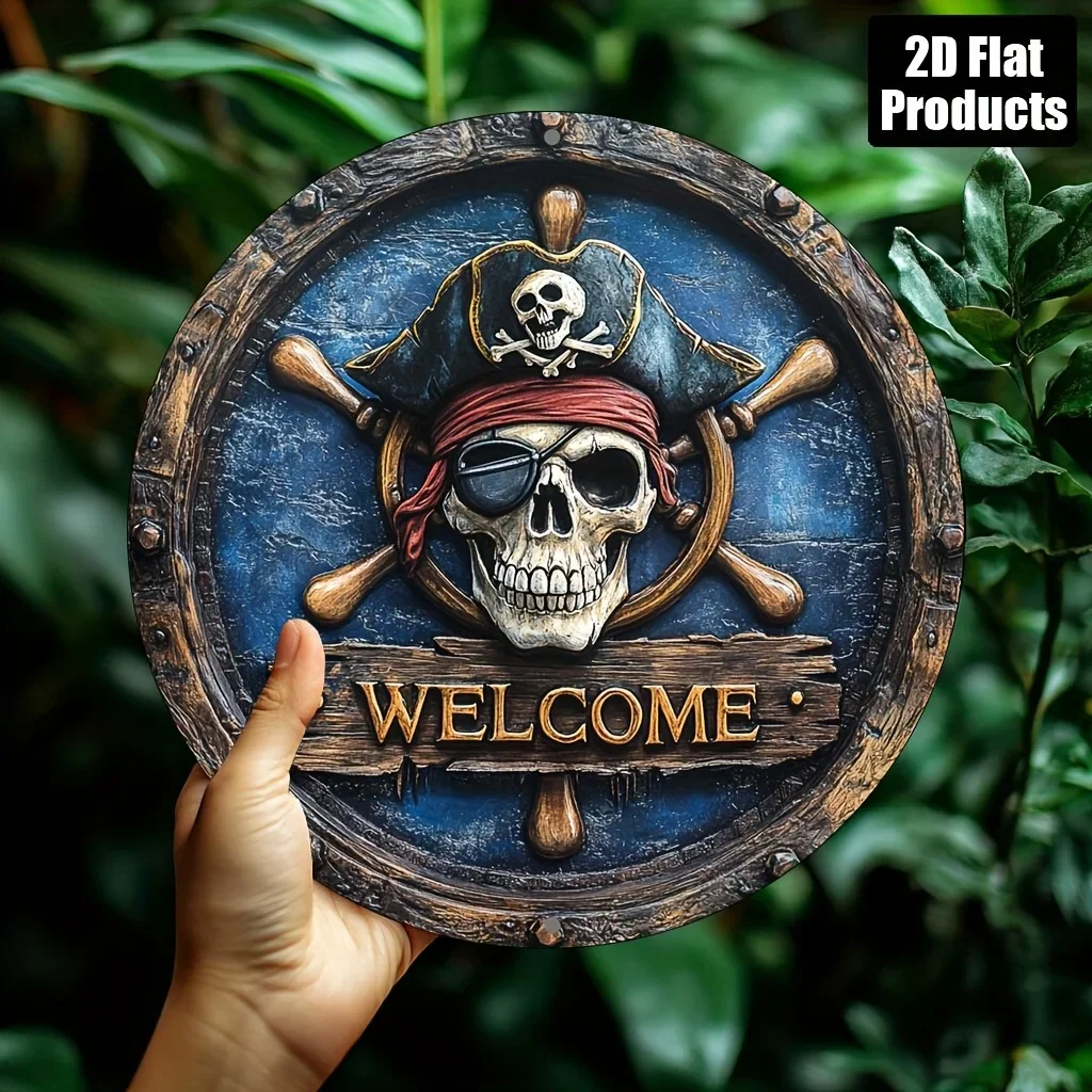 2D Flat 1-Piece Pirate Skull and Crossbones Metal Wall Decoration – 8x8inch Round Aluminum Decorative Plaque with 
