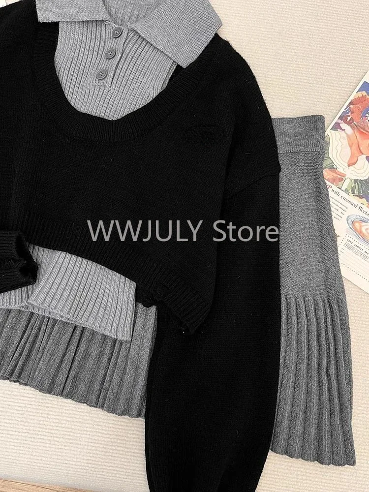 Woman Harajuku Knitted 3 Piece Set Spicy Girls Slim Vest + Black Short Tops + Y2k E-girls Mini Skirt Korean Fashion Suit Chic