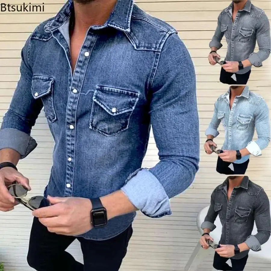 New Spring Autumn Men's Jeans Shirt Long Sve Denim Shirts Special Wide Fit Fleece Lined Thickened  Collar Nine Sleeve Length