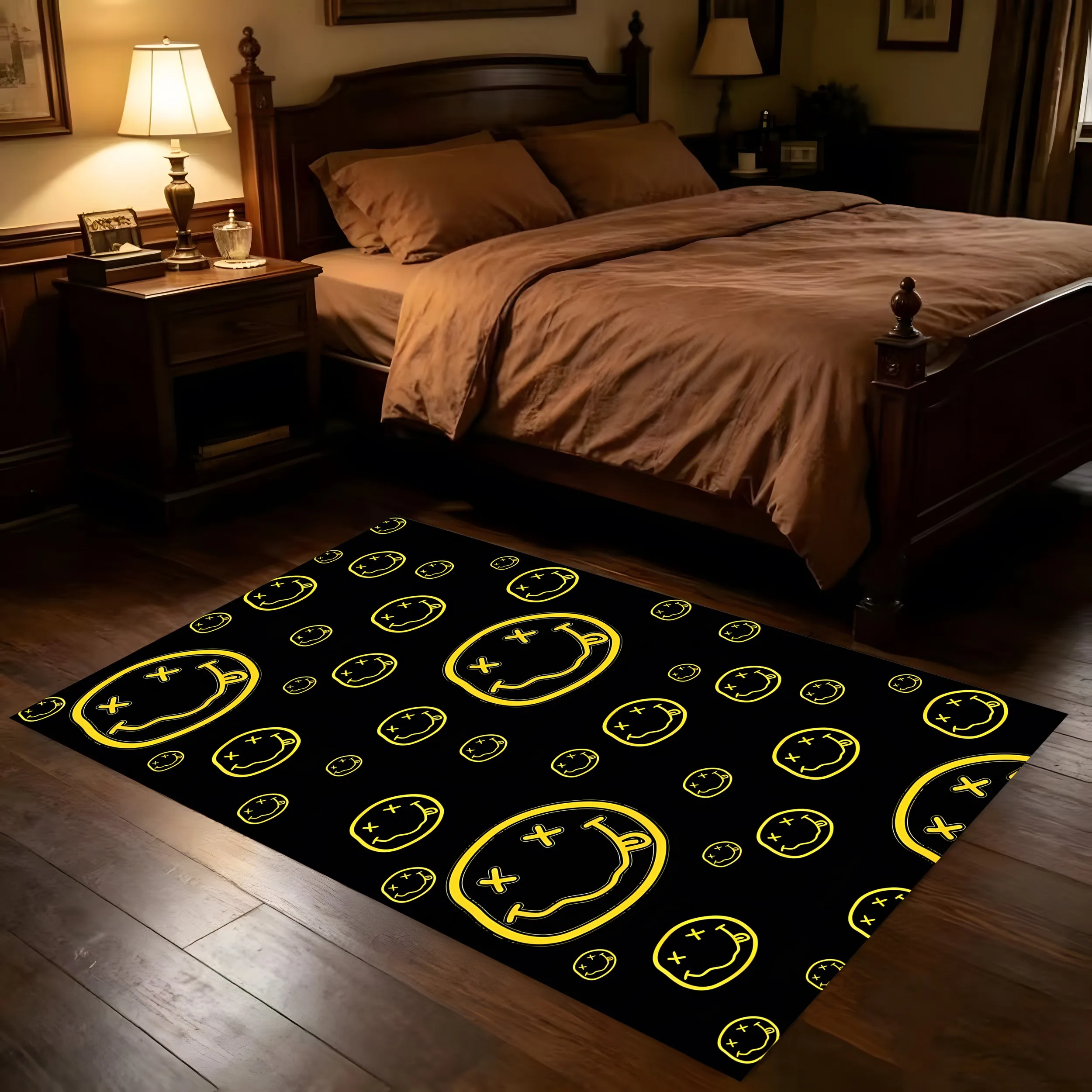 Fluorescent Hand-Painted Funny Smiley Face Y2K Trendy Halloween Velvet Rug, Suitable for Entryway, Bedroom, Gaming Room, Personalized and Eye-Catching, Creating a Trendy and Fun Soft Furnishing Atmosphere