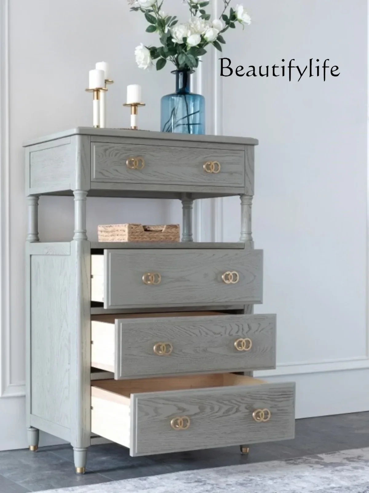 

American Retro Distressed Solid Wood Chest of Drawers Light Luxury High Grade Gray Bedroom Storage Cabinet Modern Minimalist