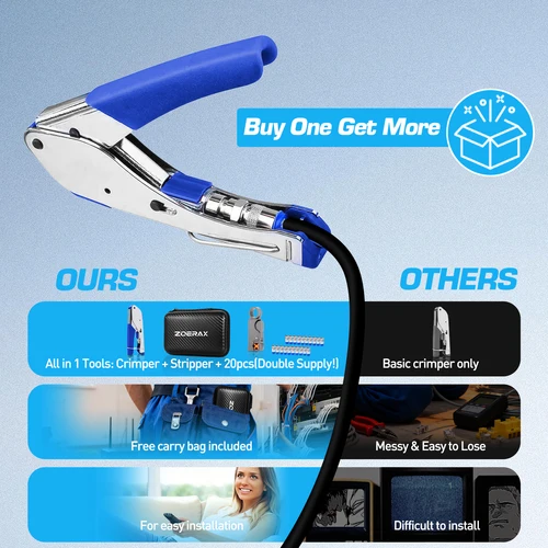 Imagen 2 del producto ZoeRax Kit de herramientas de compresión Coaxial Alicates prensadores de cables coaxiales con 20 piezas conectores RG6 F, herramienta pelacables coaxiales