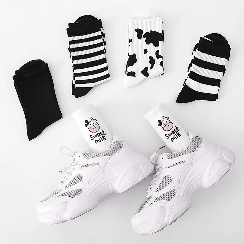 Cute Cow Print Socks for Women White Black Funny Cartoon Animals Sock Girls on Sale Fashion Casual Streetwear Skateboard