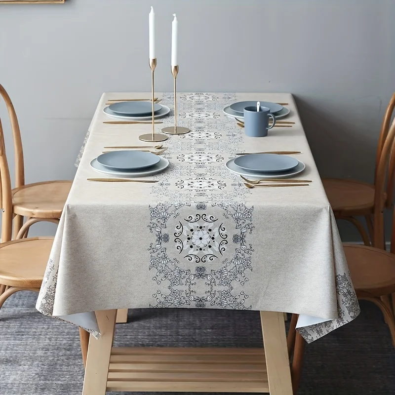 Elegant Waterproof Tablecloth for Dining Room Setting Lace Pattern Linen Table Cover for Home Decor