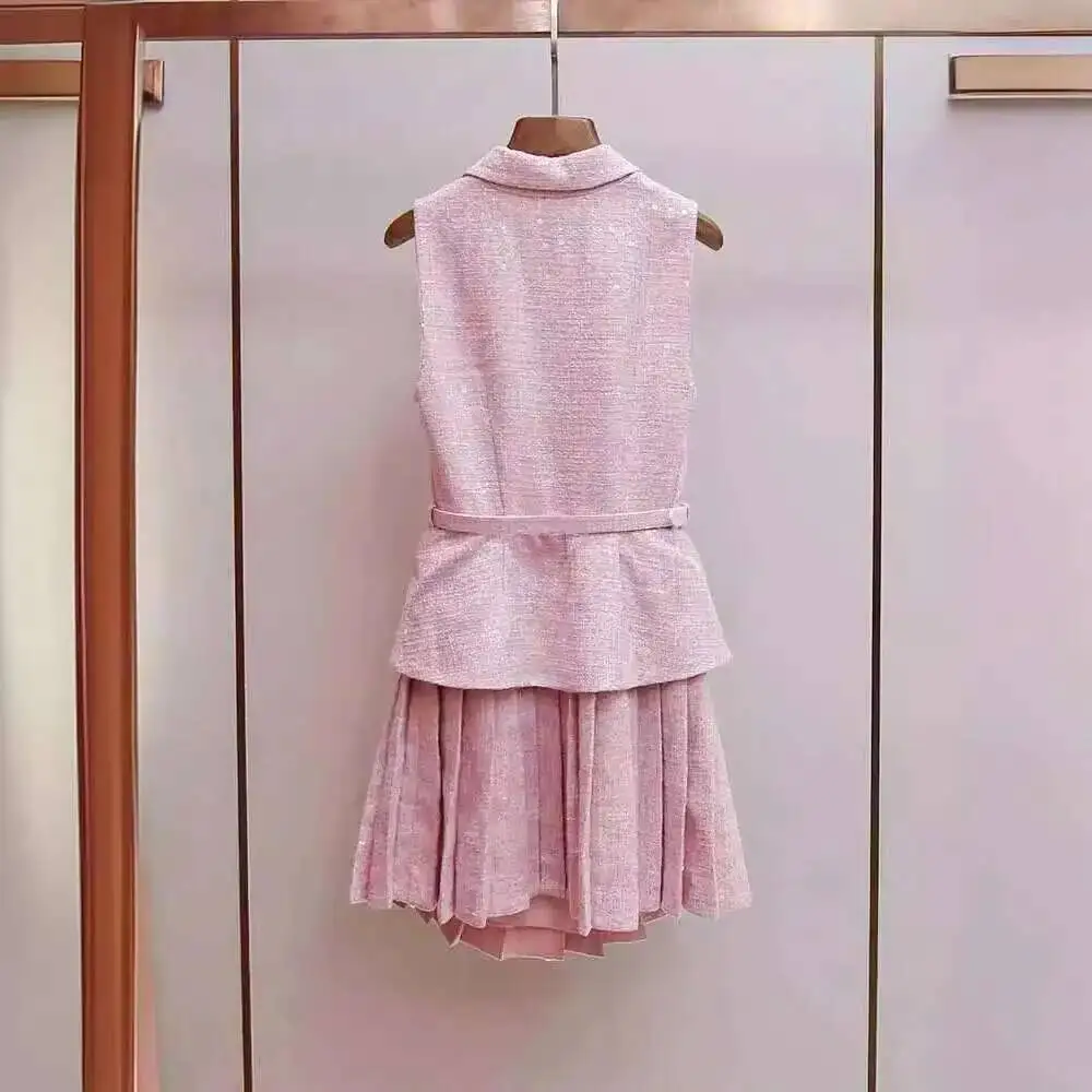 Luxury Pink Short Sequins Dress Tweed Two Piece Set Women\'s Jacket Pleated Short Skirts Suits Single Breasted Top Party Vestidos