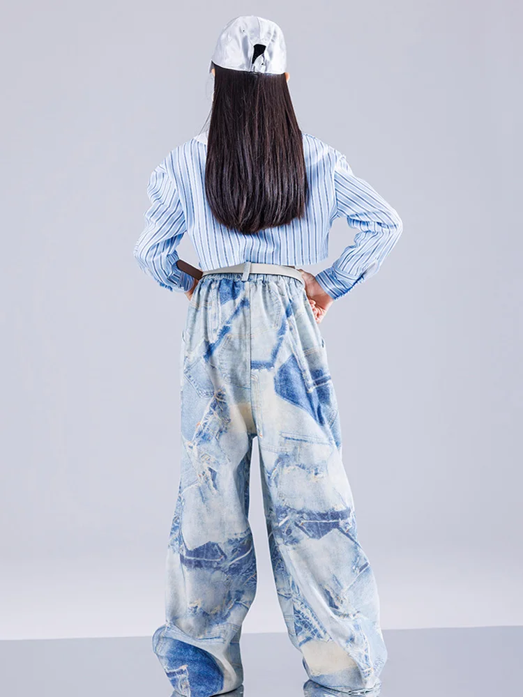 Hip Hop Sets Mädchen K-pop Streifen Blau Crop Top Street Dance Cargo Hosen Tiered Röcke für Kinder Streetwear Kinder Jazz Kostüm