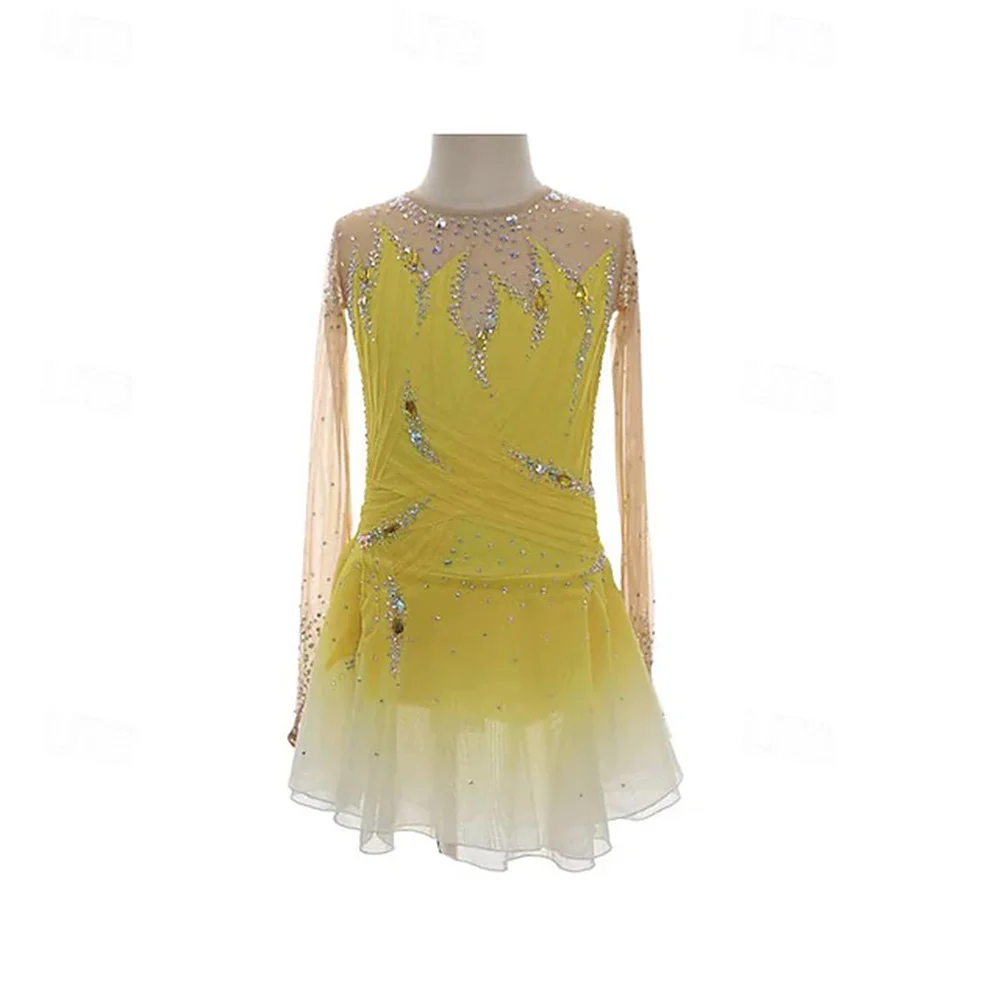 فستان التزلج على الجليد للفتيات باللون الأصفر المرقعة بفتحة إبهام شبكية من الألياف اللدنة القابلة للتمدد للتدريب على التزلج الاحترافي