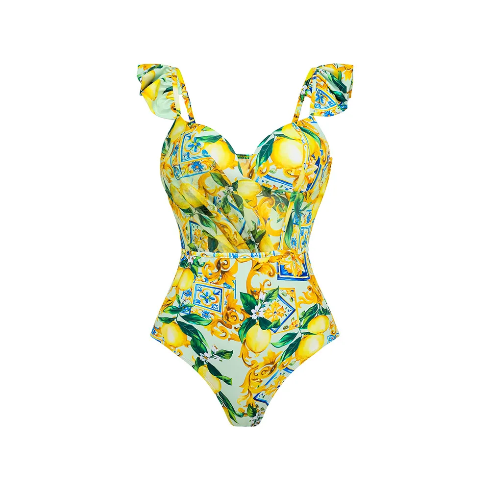 Women's Swimsuit Lemon Luxury Printing Fly Sleeve One Piece with Skirt