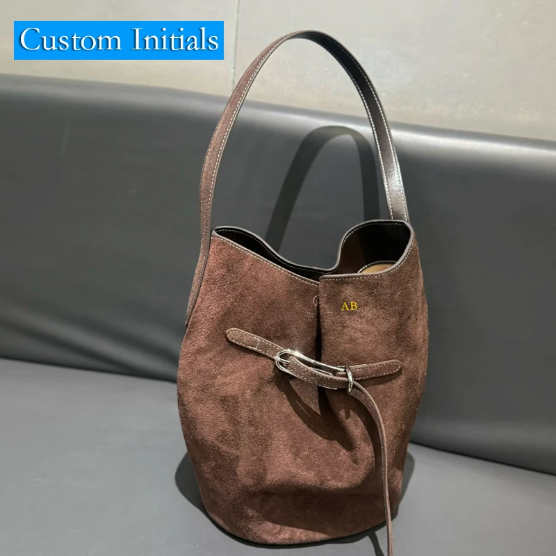 Custom initials Natural Cowhide Bucket Bags For Women Luxury Designer Handbags Purses 2025 New In Belt Buckle Underarm Shoulder