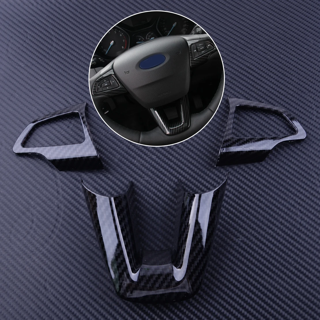 3pcs Carbon Fiber Style Interior Steering Wheel Decoration Moilding Frame Cover Trim Fit For Ford Focus 2015 2016 2017 2018