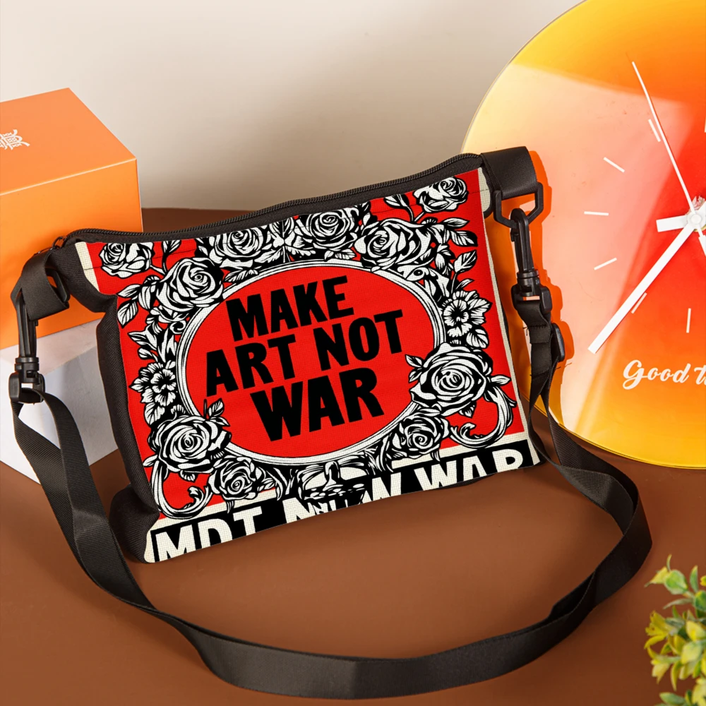 1pc Make Art Not War Crossbody Bag Red Black And White Rose Pattern And Text Shoulder Bags For Women Men Streetwear Fashion Casu