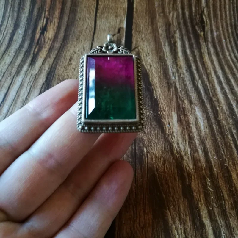 Old Silver Inlaid Two-Tone Tourmaline Colorful Pendant Necklace