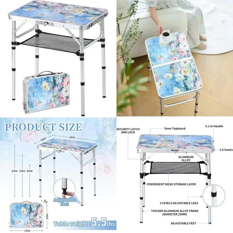 Aluminum Folding Side Table Adjustable Height Portable Indoor Outdoor Patio Coffee Table