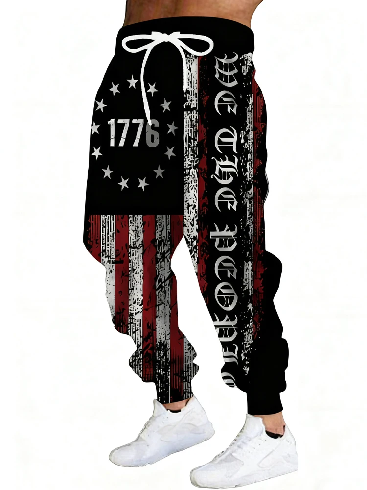 

New Men's 3D US Flag Print Casual Pants Outdoor Breathable Athletic Pants Stylish Drawstring Streetwear Trousers Mens Cuffed Pan
