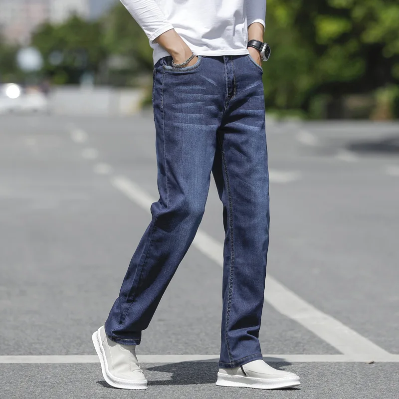 SHAN BAO-pantalones vaqueros de cintura alta para hombre, jeans lisos, sueltos, ligeros, elásticos, clásicos, informales, de negocios, primavera y verano, 2022