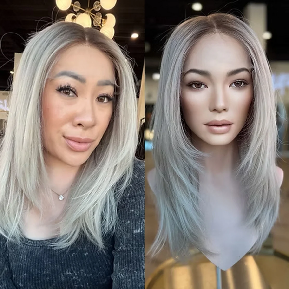 20 Inches Layer Gray Sliver Blonde Synthetic Lace Frontal Wigs Natural Straight Middle Parting High Quality Glueless Wigs Female