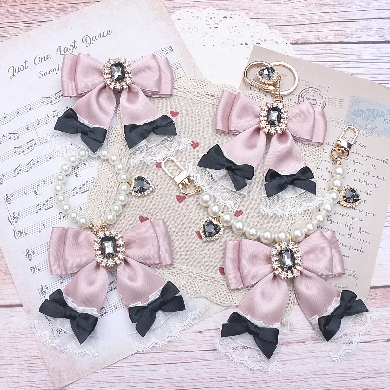 Y2k Lolita Bag Pendant Decor Accessories Imitation Pearl Bow Key Ring Ribbon Rhinestones Keychain Cute Accessary