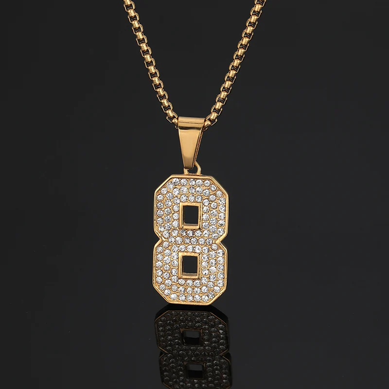 Hip Hop Rhinestone Paved Bling Iced Out Stainless Steel Number 24 8 Pendant Necklace for Men Jewelry Drop Shipping