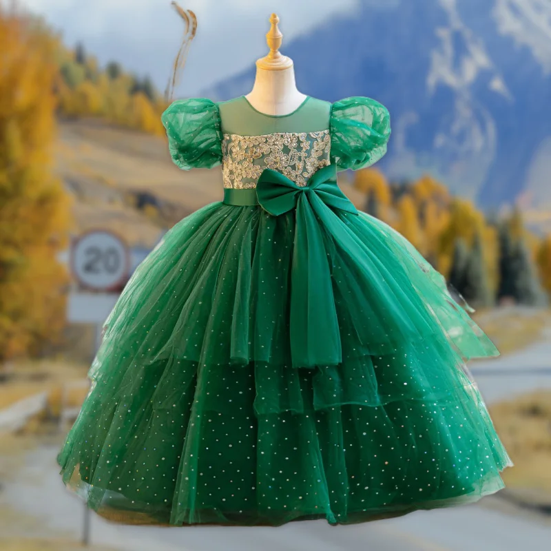 

Girls Party Dress with Bubble Sleeves for Piano Performance Birthday Princess Gown Kids Formal Wear Toddler Concert Dress