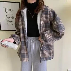 Velvet Thickening Outer Wear Warm Peplum Shirt Women Korean Plaid  Autumn Winter New Fashion 2023 Pocket Top