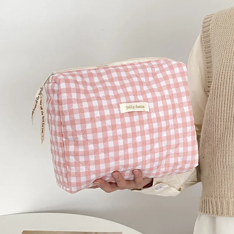 Sweet Plaid Pink Ladies Cosmetic Bags Fashion Large Capacity Portable Female Storage Bag Simple Soft Fabric Women\'s Clutch Purse