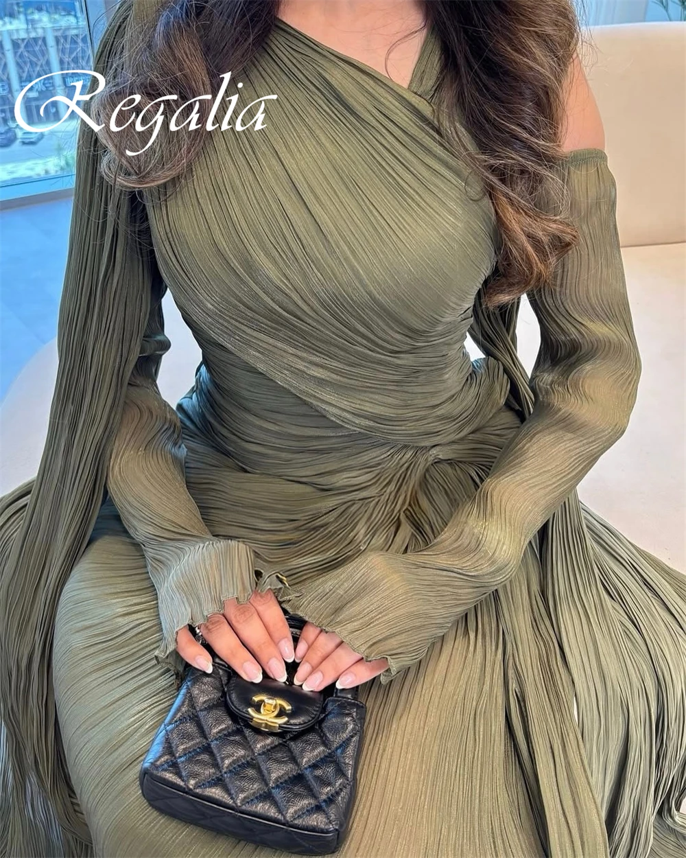 Vestido De noche verde exquisito personalizado, vestidos De fiesta De manga larga De alta calidad, Vestido De fiesta moderno con tren De corte