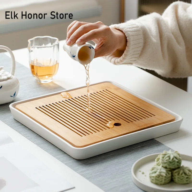 

Square Bamboo Tea Tray Home Living Room Kungfu Tea Set Small Ceramic Tea Tray Draining Dry Soaking Table Storage Wet and Dry Use