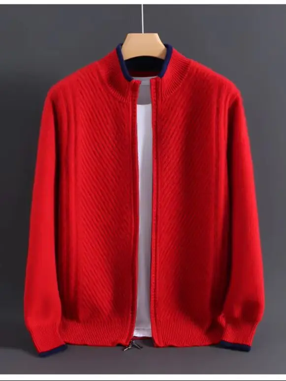 Autumn and winter men's 100% pure cashmere knitted jacket color matching thick business leisure collar zipper cardigan.