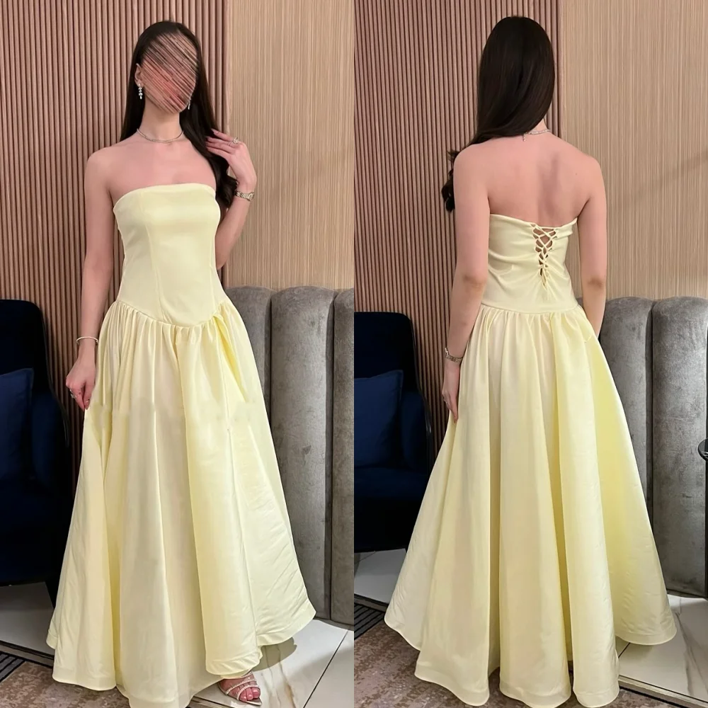 

Customized Simple Sizes Available Pleat Ruched Draped A-line Strapless Midi Dresses Bespoke Occasion Dresses High Quality Formal