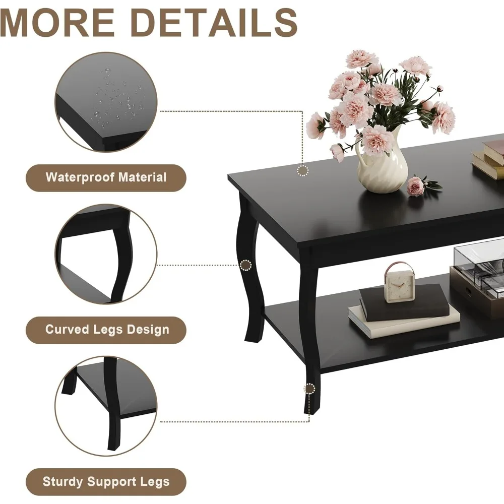 Mesa de centro moderna com perna curvada e armazenamento, peça central da sala de estar de 39 polegadas em preto