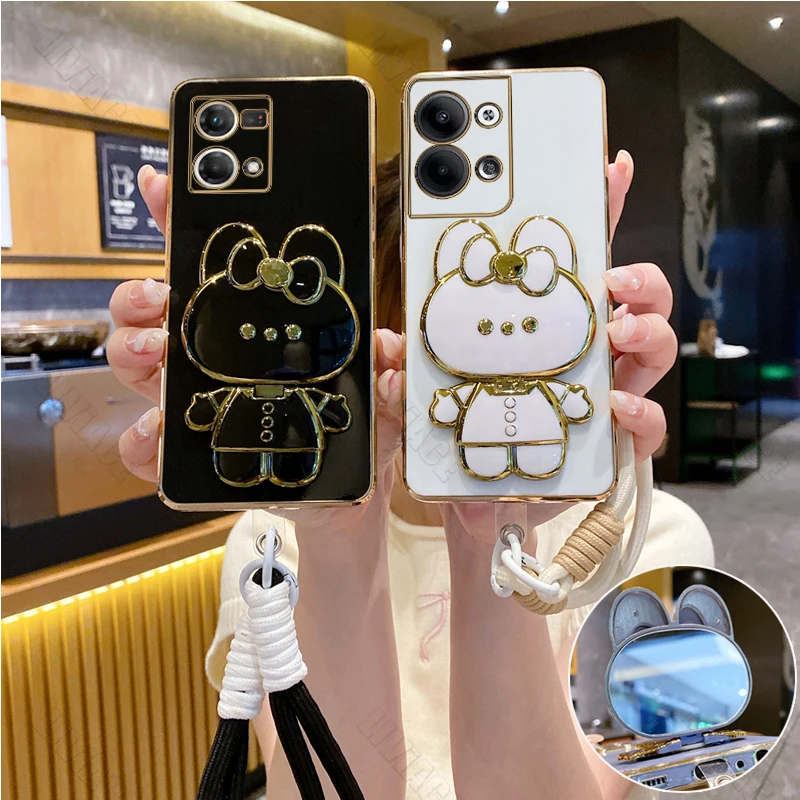 Reno7 Reno2 Cute Rabbit Wrist Strap Phone Holder Case On For Oppo Reno 7 2 Z 2Z 2F 3 4 5 5K 6 6Z SE Pro Plus 4G 5G Stand Cover