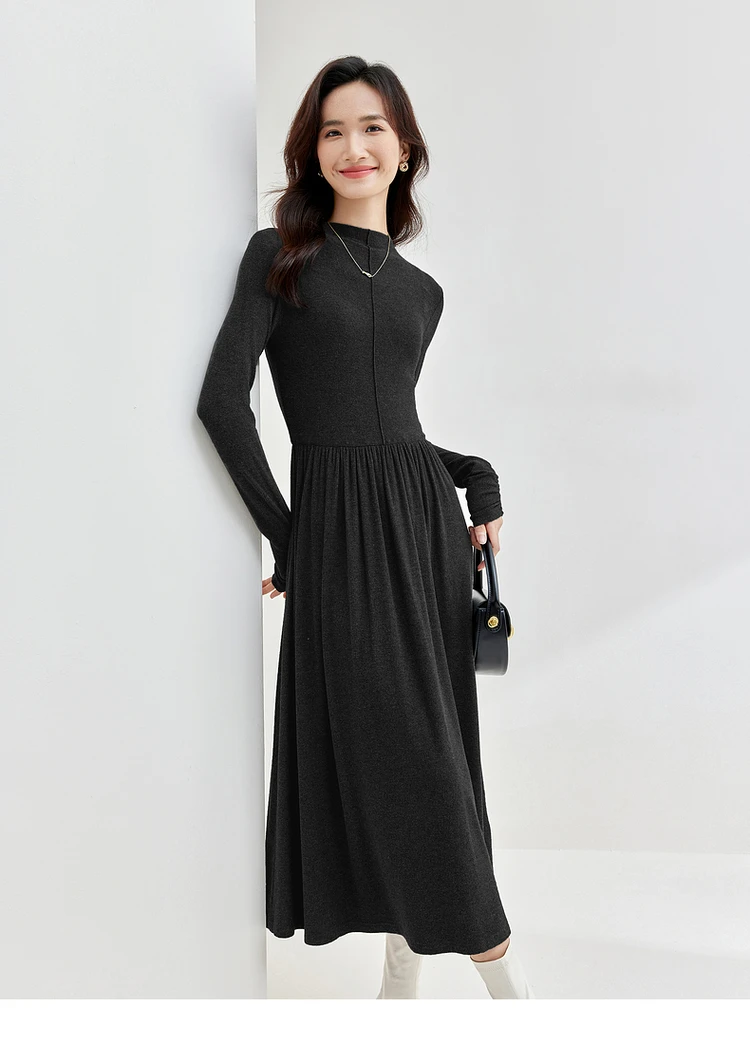 SENTUBILA Knitted Slim Womens Dresses 2024 Winter Black Half High Neck Shirring Sleeve A-line Elegant Midi Dress 144L58348