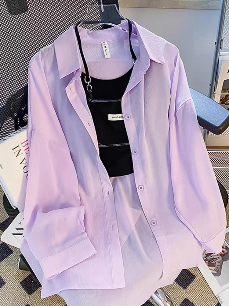 

Sun Protection irt Women Summer Thin Ice Silk Chiffon Draped Loose Lazy Sle Sunscreen Clothes Korean Sle Mid-Length Ope...