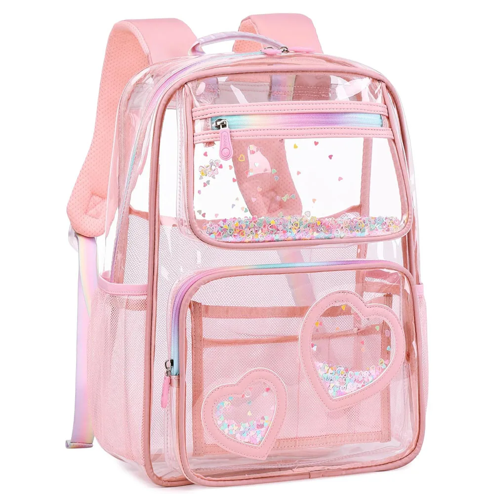 Clear Backpack for Girls Women Transparent Kids Elementary College School Bag Travel Laptop Backpacks Large Bookbags (Pink)