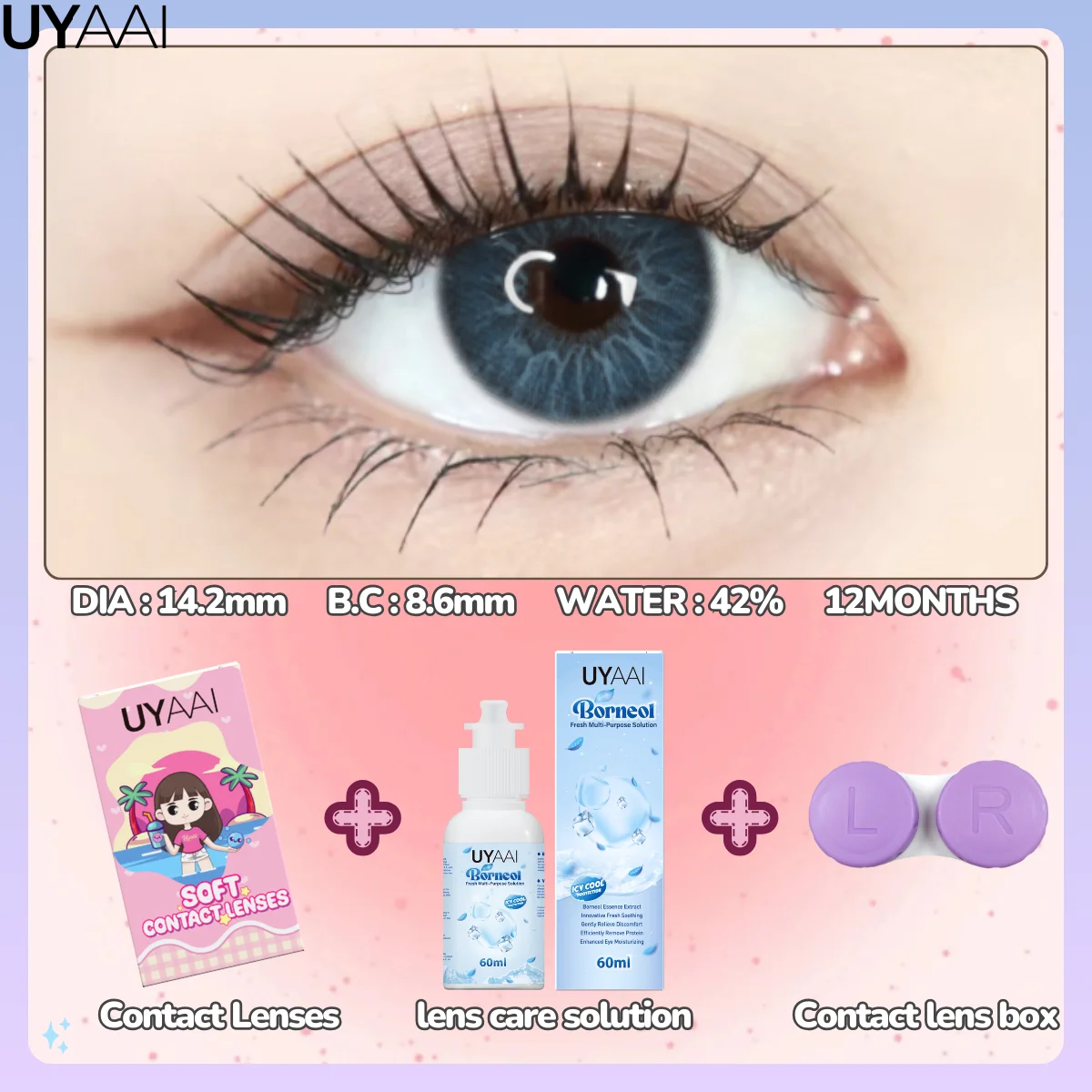 UYAAI 60 ml Linsen-Lösungsset, 1 Paar farbige Kontaktlinsen für Augen, Schönheit, Schüler, Aufnässen, Tropfen, Gesundheitspflege, blaue Augenlinsen