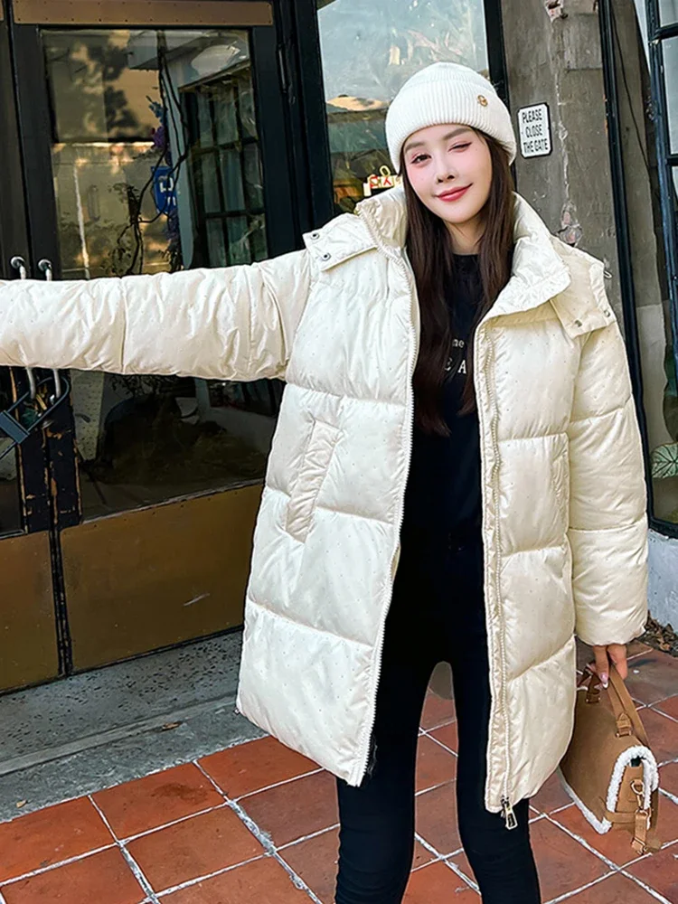 2024 New Korean Snow Wear Winter Women Puffer Jacket Solid Hooded Long Parkas Thicken Warm Clothes Female Cotton Padded Coat