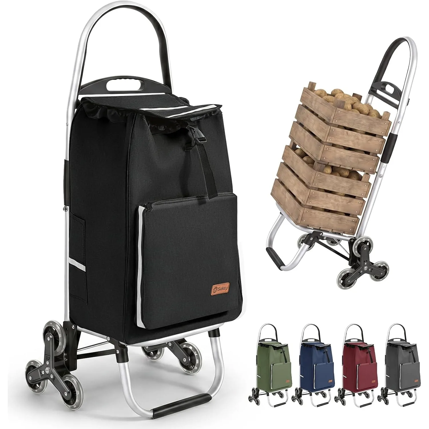 Carrello pieghevole per salire le scale, con telaio in alluminio, ideale per la casa e il giardino, dotato di scomparto XXL per borse e contenitori termici, e di 3+3 ruote per salire le scale, adatto