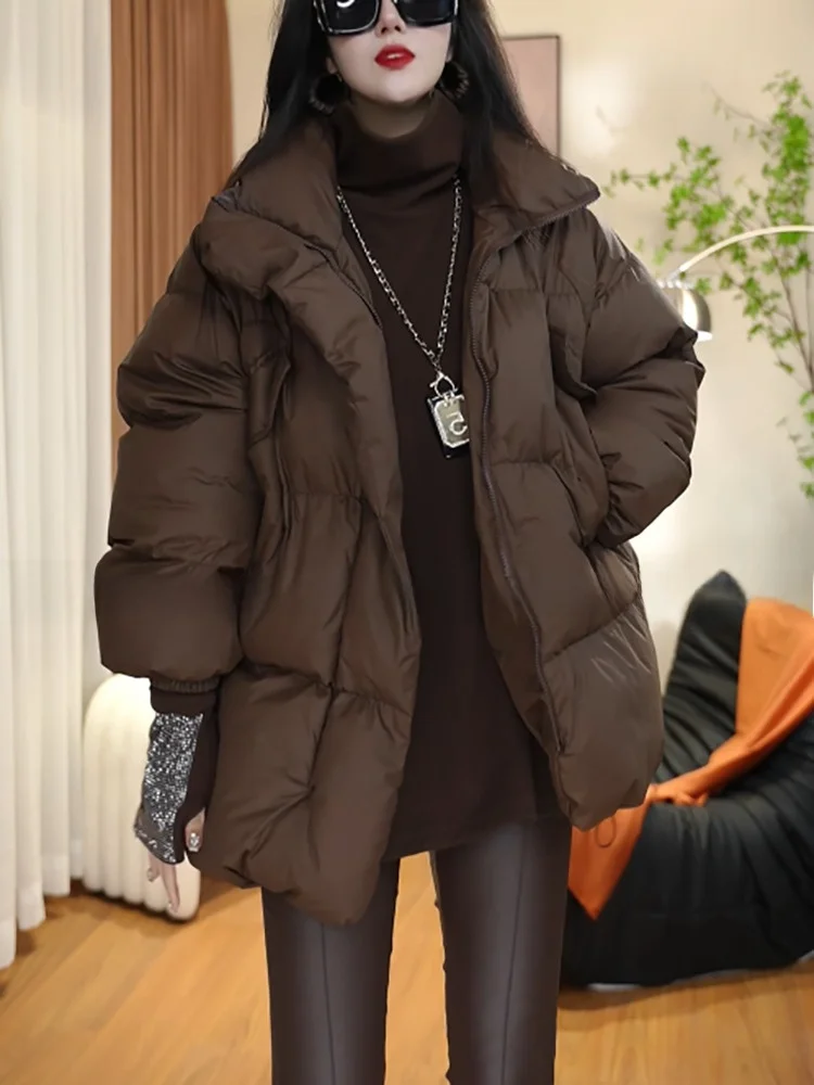 

Ele Winter Women's down Cotton Jaet Unique Sli Retro Faionable Coat Korean Sle Loose Fit Long Sve Pure Color