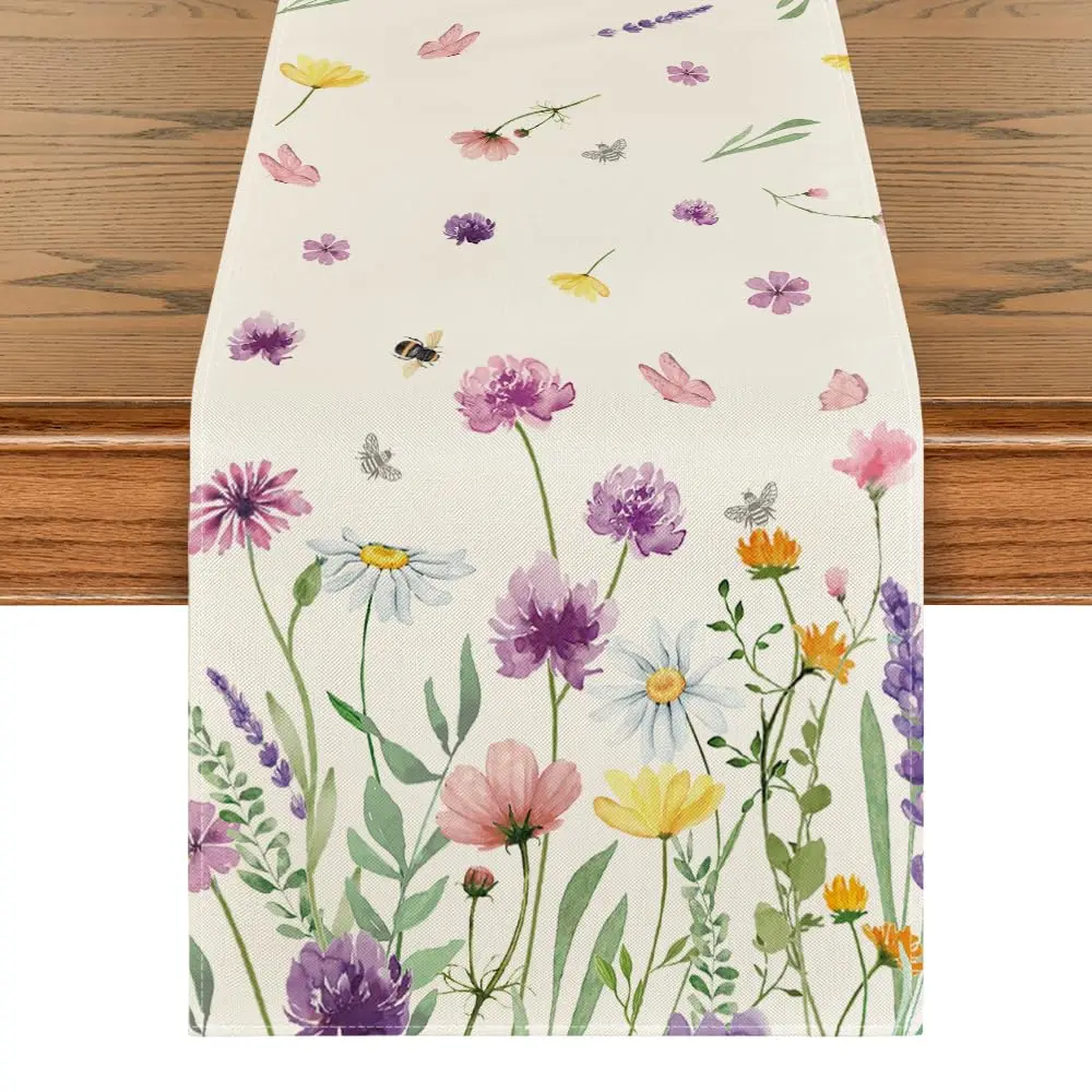 

Daisy Lavender Summer Table Runner, Seasonal Spring Holiday Kitchen Dining Table Decoration for Home Party Indoor