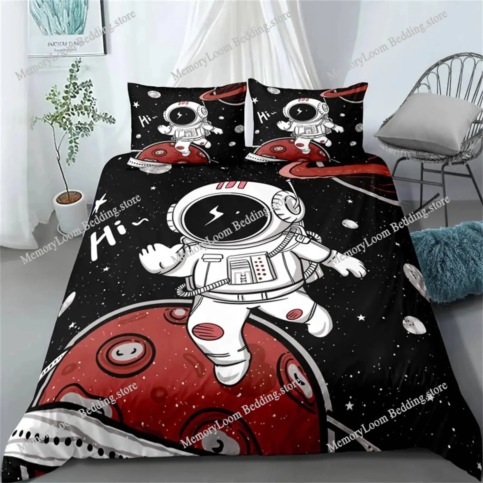 

Child Cartoon Astronaut Duvet Cover Bedding Set King Size Boys Kids Galaxy Stars Out Space Soft Polyester Comforter Cover Black