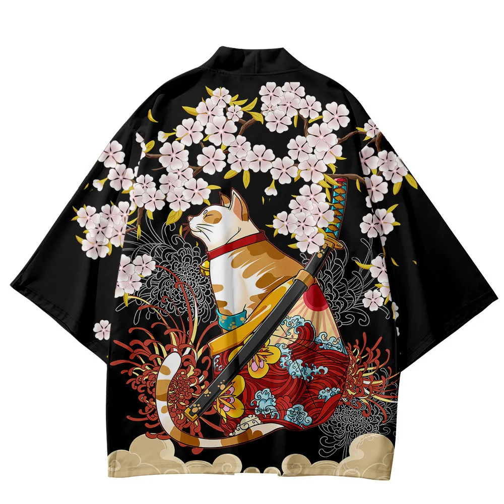 Kids Lightweight Short Kimono Cardigan Jacket Summer Samurai Sword Cat Print Boys Japanese Yukata Seven Sleeve Tops Haori Coat