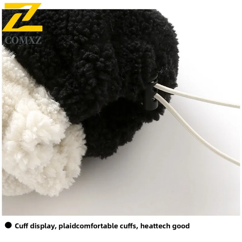 COMXZ 2025 Autumn Winter Men's Sherpa Lined Color Block Stand Collar Parka Coat Korean Style Streetwear Loose Fit Plus Size