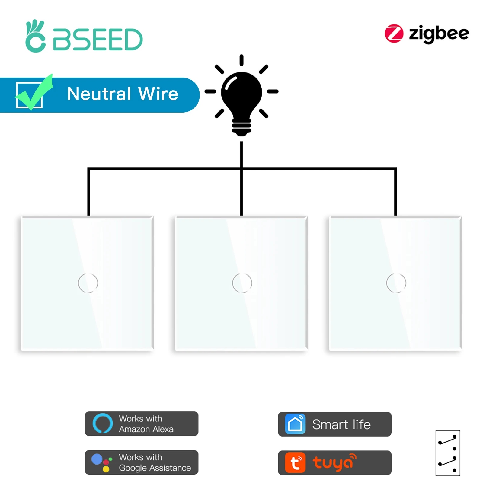 BSEED Zigbee Switch Wall Smart Light Switch 1Gang 3Way For Staircase Work With Tuya Alexa Smart Home App Neutral Wire 3Pack