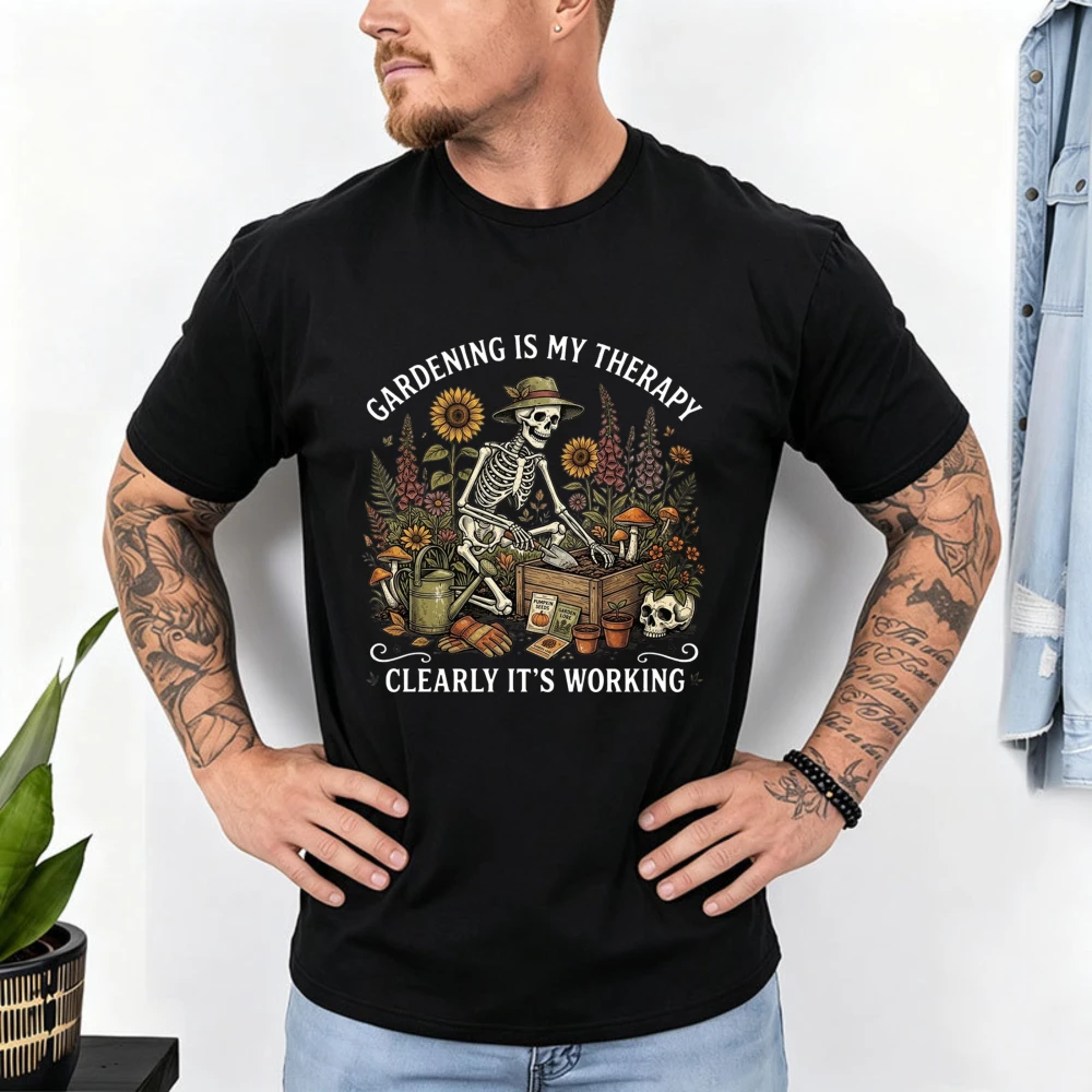 Gardening Is My Therapy T-Shirt Skeleton Gardener Tees Gothic Garden Shirt Botanical Halloween Shirt Gift Funny Plant Lover Tops