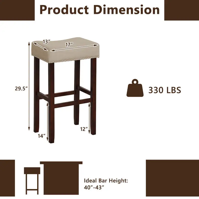 

2 Set of 29 Inch Height Upholstered Bar Stool with Solid Rubber Wood Legs and Footrest-Beige