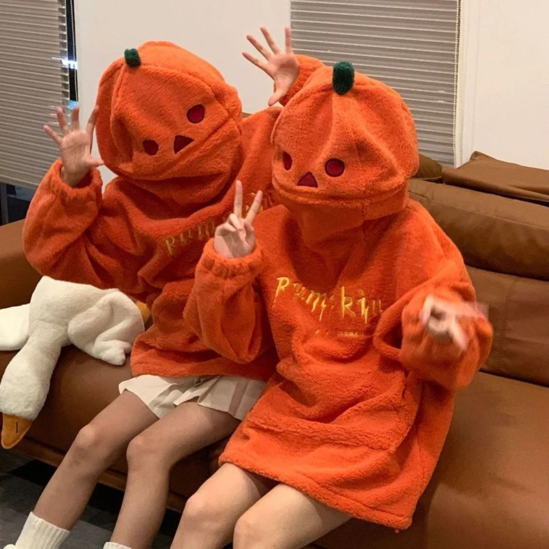 

Autumn Winter Pumpkin Funny Men Long Sleeve Hooded Zipper Sweatshirt Lamb Velvet Fashion Halloween Loose Couple Clothing Orange