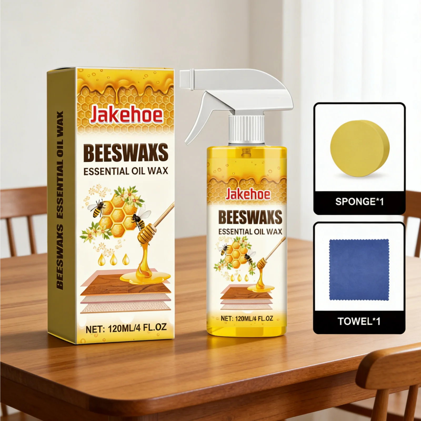 Jakehoe Beeswax Essential Oil Wax for Cabinetry Doors Floors Stain Removal Deep Nourishment Wood Polish Spray with Sponge Towel