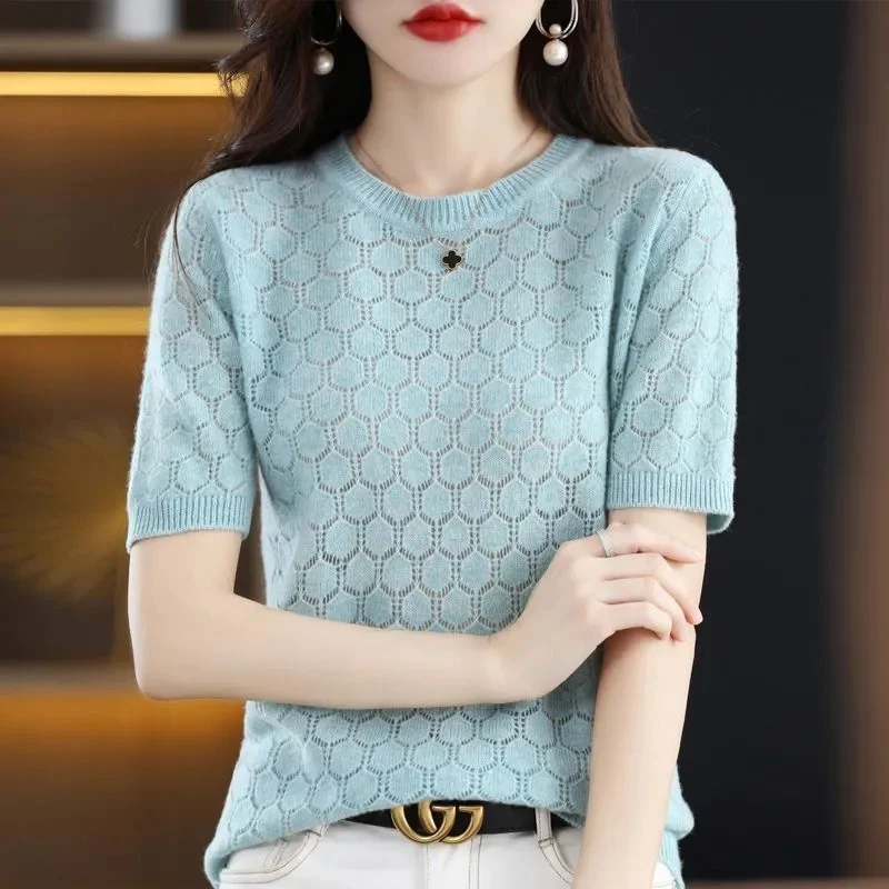 Short Sleeve T Shirt Women O Neck Wool Cotton Pullover Black Crop Top Spring Summer 2024 New Streetwear Basic Knitted Sweater To